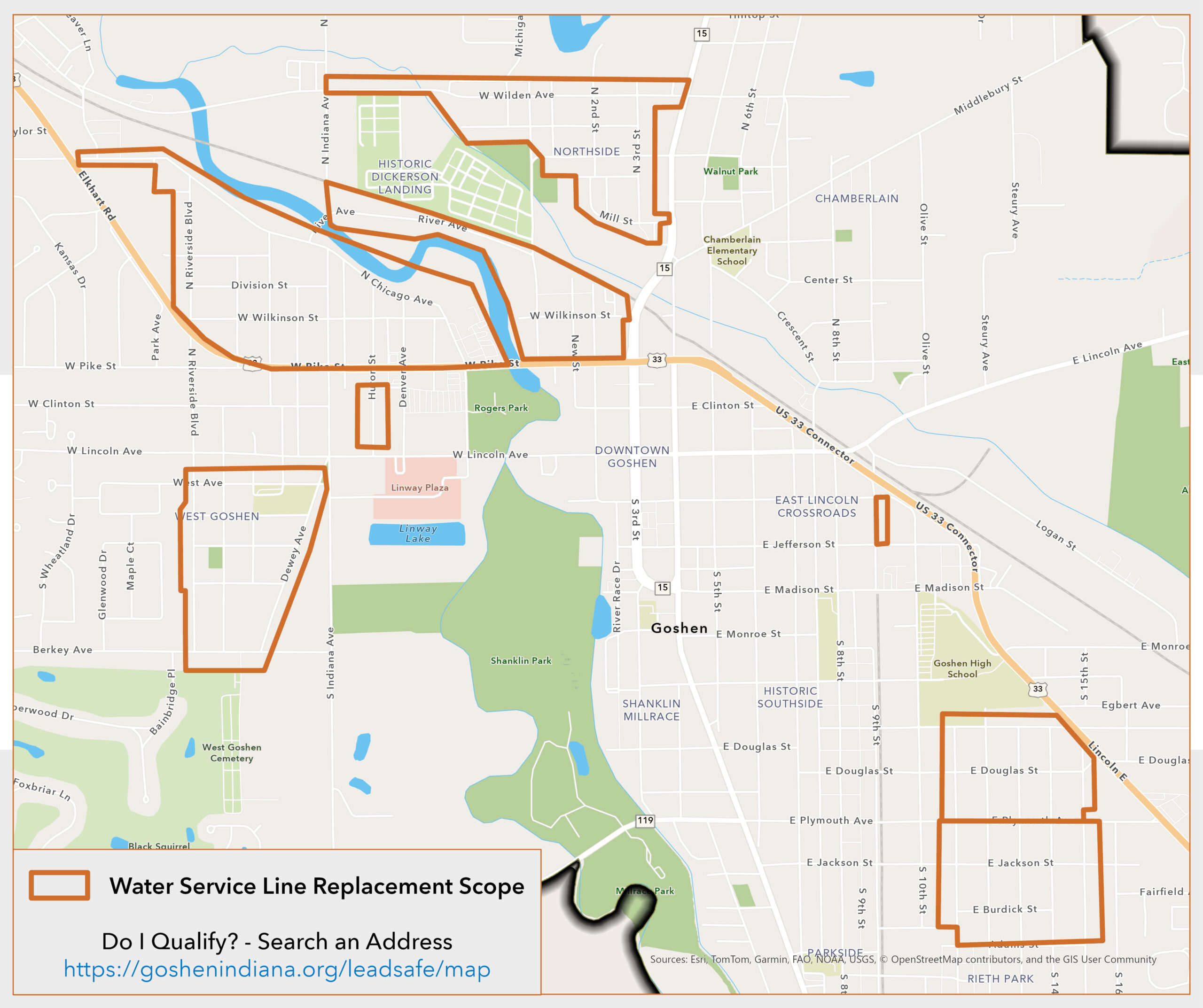 This Map shows areas where water-service line replacement is occuring in Goshen.